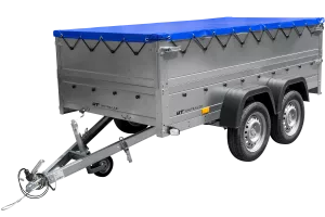 GARDEN TRAILER 264/2 KIPP remorque à deux essieux avec roue jockey, tiges de support, ridelles supplémentaires et bâche plate bleue