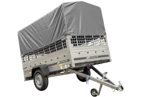 Grande remorque 230x125 avec bâche haute grise, ridelles grillagées et roue jockey - Garden Trailer 230 KIPP