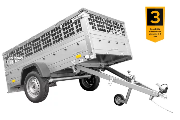 Grande remorque 230x125 avec bâche plate, ridelles grillagées, roue jockey et tiges de support bâche - Garden Trailer 230 KIPP