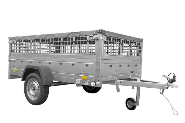 Grande remorque 230x125 avec bâche plate, ridelles grillagées, roue jockey et tiges de support bâche - Garden Trailer 230 KIPP