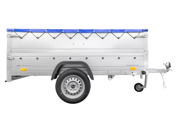 REMORQUE DE JARDIN 230 KIPP AVEC ROUE JOINTE, GLISSIÈRES BIS ET BÂCHE PLATE BLEUE