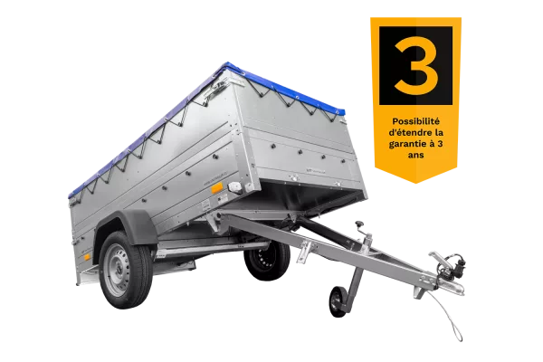 REMORQUE DE JARDIN 230 KIPP AVEC ROUE JOINTE, GLISSIÈRES BIS ET BÂCHE PLATE BLEUE