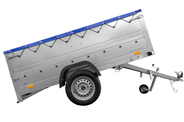 REMORQUE DE JARDIN 230 KIPP AVEC ROUE JOINTE, GLISSIÈRES BIS ET BÂCHE PLATE BLEUE