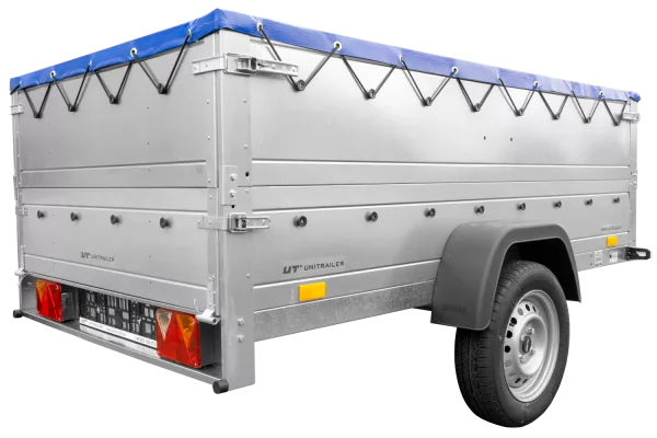 REMORQUE DE JARDIN 230 KIPP AVEC ROUE JOINTE, GLISSIÈRES BIS ET BÂCHE PLATE BLEUE