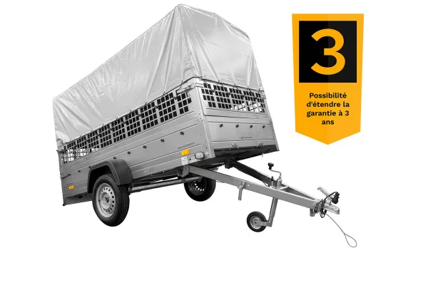 REMORQUE DE JARDIN 264 KIPP AVEC ROUE JOINTE, CÔTÉS GRILLÉS, CHÂSSIS H-800 ET BACHE GRISE