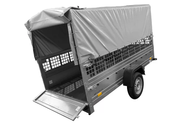 REMORQUE DE JARDIN 264 KIPP AVEC ROUE JOINTE, CÔTÉS GRILLÉS, CHÂSSIS H-800 ET BACHE GRISE