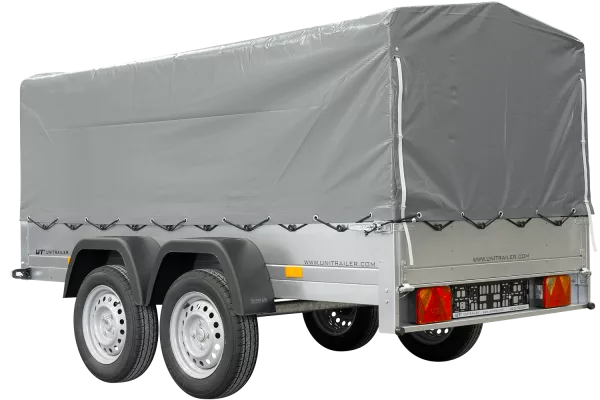 REMORQUE DOUBLE ESSIEUX UNITRAILER 264/2 KIPP AVEC ROUE JOCKEY, ARCEAU ET bâche GRISE