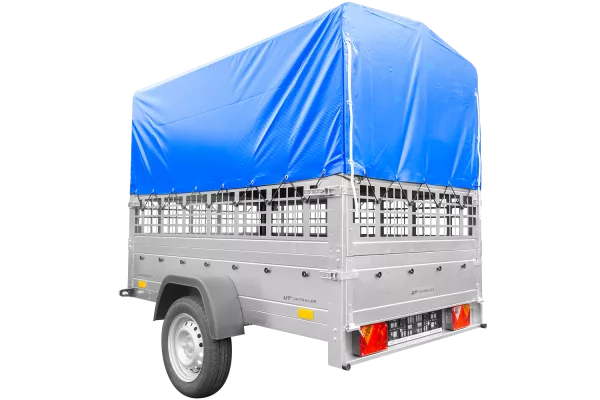 Remorque neuve à vendre Garden Trailer 201 KIPP 500 kg 200x125 cm [avec bâche haute bleue, arceau, ridelles grillagées et roue jockey]