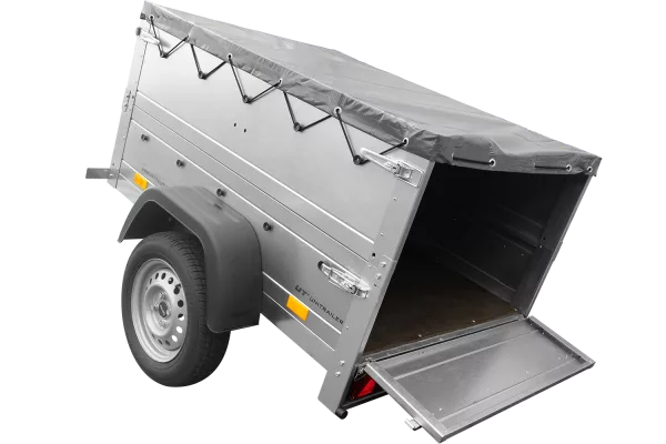 Remorque petite à vendre à benne basculante - Garden Trailer 150 KIPP [avec rehausses de ridelles et bâche plate grise]