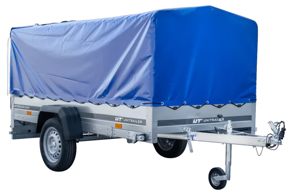 Remorque voiture longue GARDEN TRAILER 264 KIPP avec roue jockey et bâche bleue