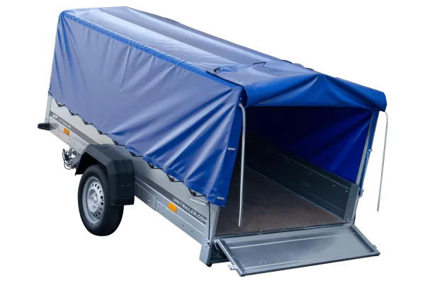 Remorque voiture longue GARDEN TRAILER 264 KIPP avec roue jockey et bâche bleue